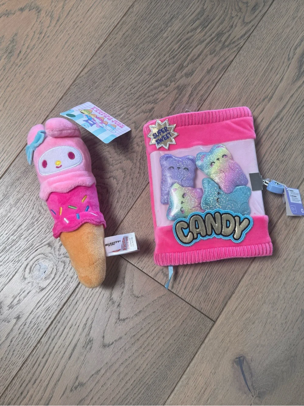 Claire's Pink Glitter Candy Plush Notebook & Pink Ice Cream Plush Keychain